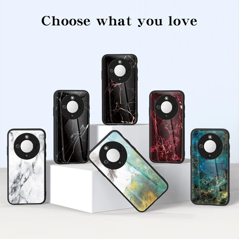 Phone Case For Honor Magic8 Lite 5G  /  X9d 5G  /  X70 5G Marble Pattern Tempered Glass + PC + TPU Protective Phone Cover - White Marble