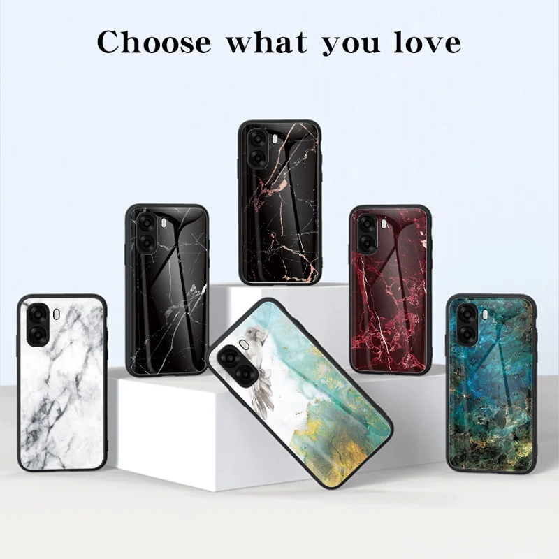 Phone Case For Oppo A6x 5G  /  A6x 4G Marble Pattern Tempered Glass + PC + TPU Protective Phone Cover - White Marble