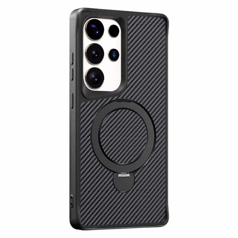 For Samsung Galaxy S26 Ultra Phone Case with Magnetic Kickstand TPU + PC Carbon Fiber Back Cover Support Wireless Charging - Black