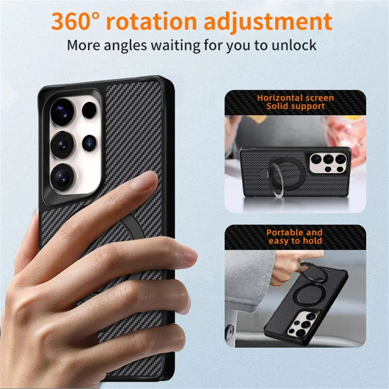 For Samsung Galaxy S26 Ultra Phone Case with Magnetic Kickstand TPU + PC Carbon Fiber Back Cover Support Wireless Charging - Black
