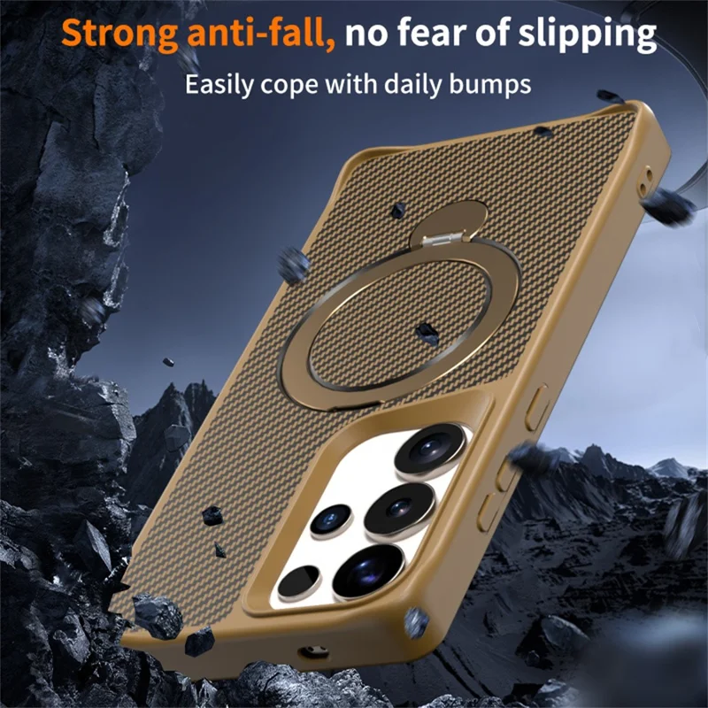 For Samsung Galaxy S26 Ultra Phone Case with Magnetic Kickstand TPU + PC Carbon Fiber Back Cover Support Wireless Charging - Black