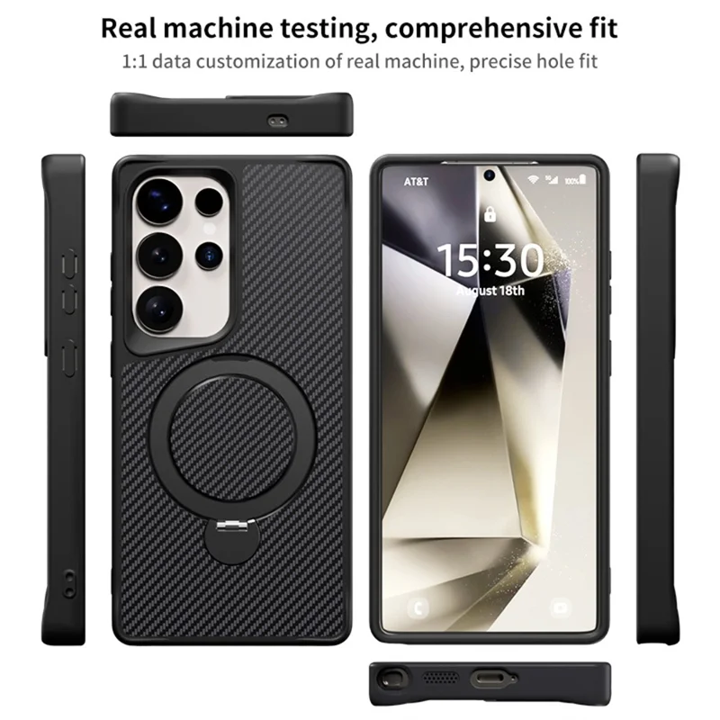 For Samsung Galaxy S26 Ultra Phone Case with Magnetic Kickstand TPU + PC Carbon Fiber Back Cover Support Wireless Charging - Black