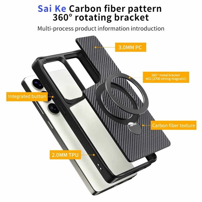 For Samsung Galaxy S26 Ultra Phone Case with Magnetic Kickstand TPU + PC Carbon Fiber Back Cover Support Wireless Charging - Black