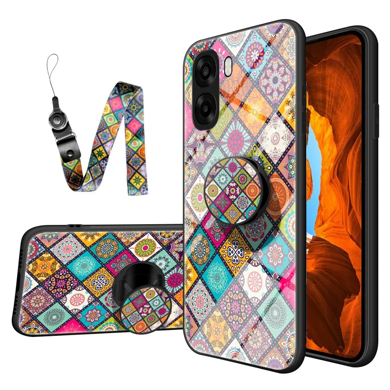 Phone Case For Oppo A6x 5G  /  A6x 4G Kickstand Ethnic Pattern Tempered Glass Phone Cover with Strap - Checkered Pattern
