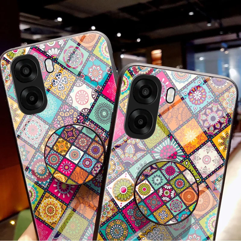 Phone Case For Oppo A6x 5G  /  A6x 4G Kickstand Ethnic Pattern Tempered Glass Phone Cover with Strap - Checkered Pattern