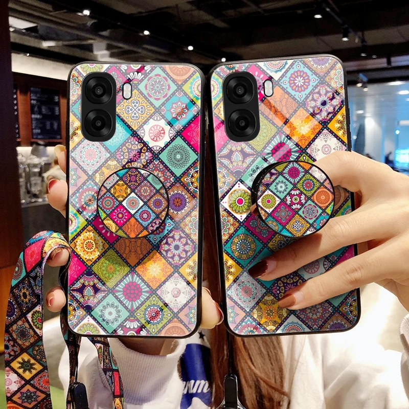 Phone Case For Oppo A6x 5G  /  A6x 4G Kickstand Ethnic Pattern Tempered Glass Phone Cover with Strap - Checkered Pattern