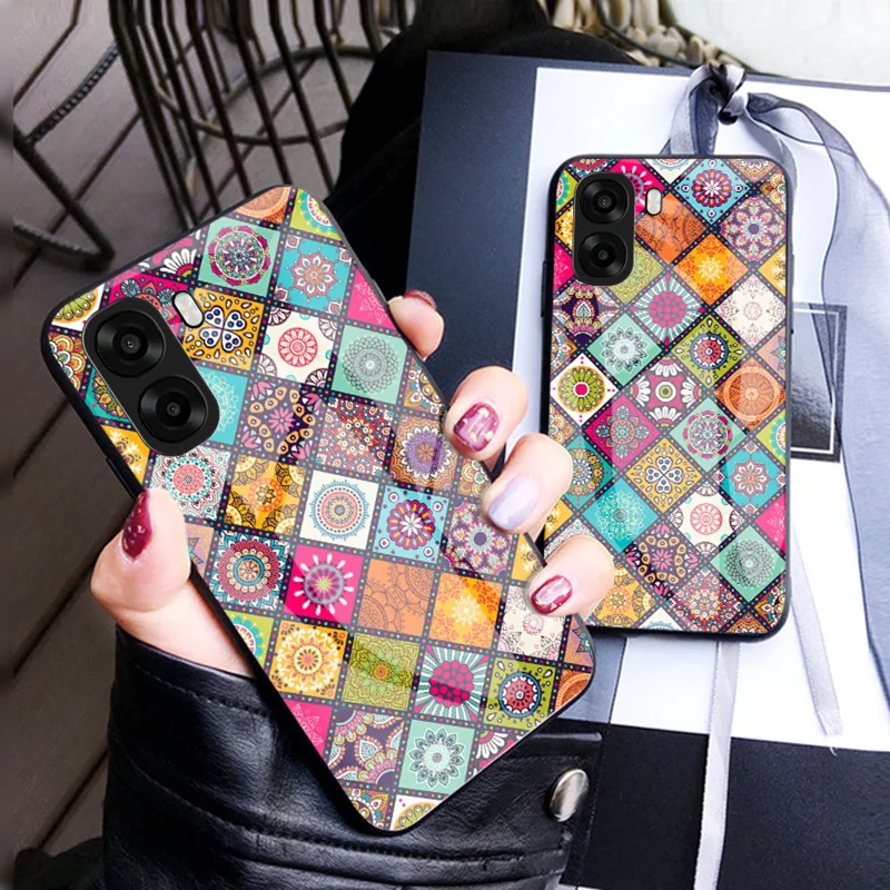Phone Case For Oppo A6x 5G  /  A6x 4G Kickstand Ethnic Pattern Tempered Glass Phone Cover with Strap - Checkered Pattern