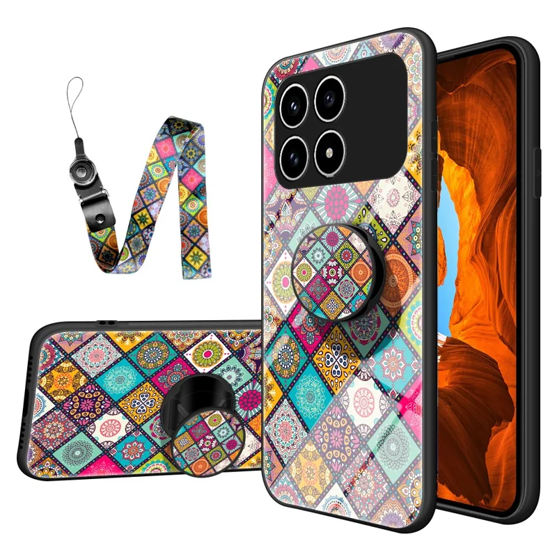 Phone Case For Xiaomi Poco F8 Pro  /  Redmi K90 5G Kickstand Ethnic Pattern Tempered Glass Phone Cover with Strap - Checkered Pattern
