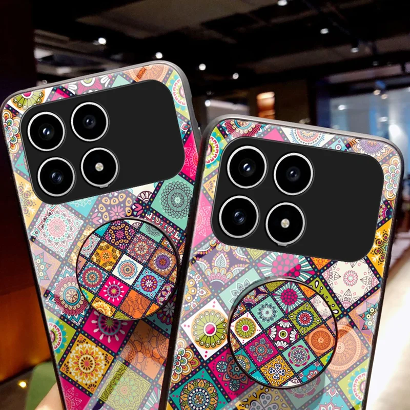 Phone Case For Xiaomi Poco F8 Pro  /  Redmi K90 5G Kickstand Ethnic Pattern Tempered Glass Phone Cover with Strap - Checkered Pattern