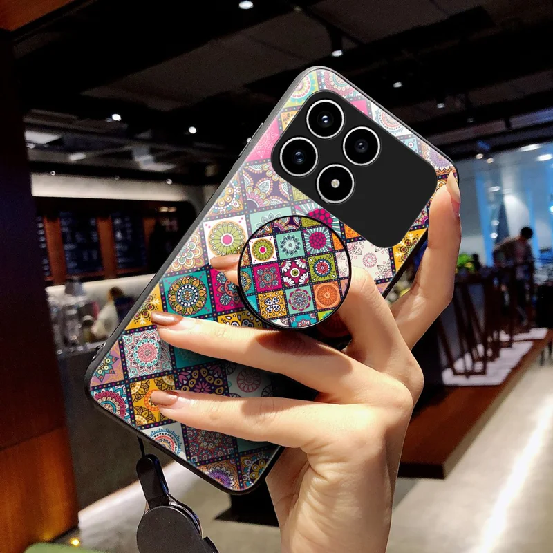 Phone Case For Xiaomi Poco F8 Pro  /  Redmi K90 5G Kickstand Ethnic Pattern Tempered Glass Phone Cover with Strap - Checkered Pattern