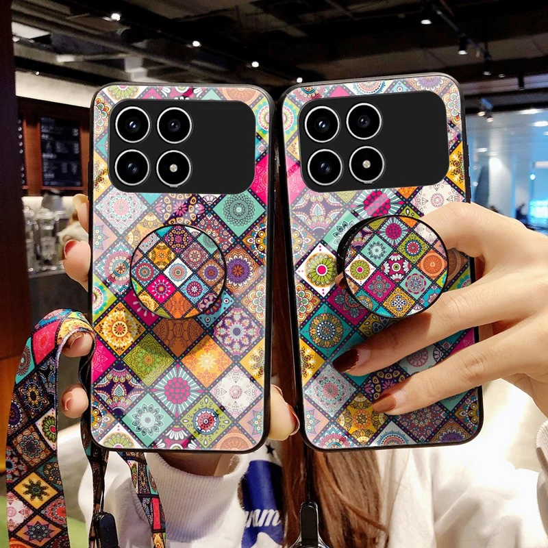 Phone Case For Xiaomi Poco F8 Pro  /  Redmi K90 5G Kickstand Ethnic Pattern Tempered Glass Phone Cover with Strap - Checkered Pattern