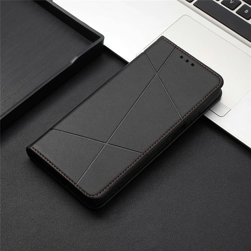 For Xiaomi Redmi Note 15 Pro 4G (Global) Wallet Case Line Imprinted Leather Stand Phone Cover with Wrist Strap - Black