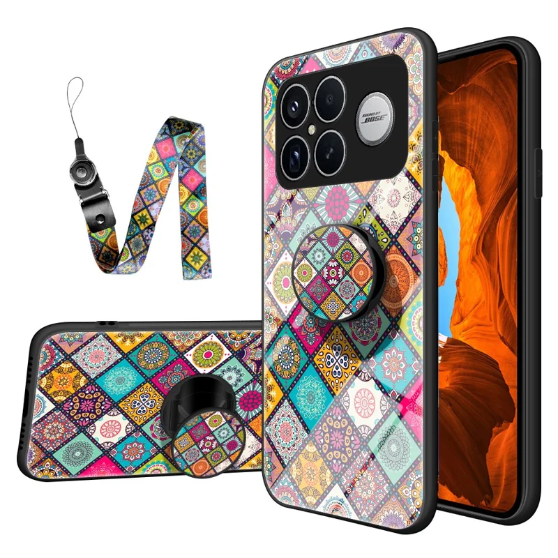 Phone Case For Xiaomi Poco F8 Ultra  /  Redmi K90 Pro Max 5G Kickstand Ethnic Pattern Tempered Glass Phone Cover with Strap - Checkered Pattern