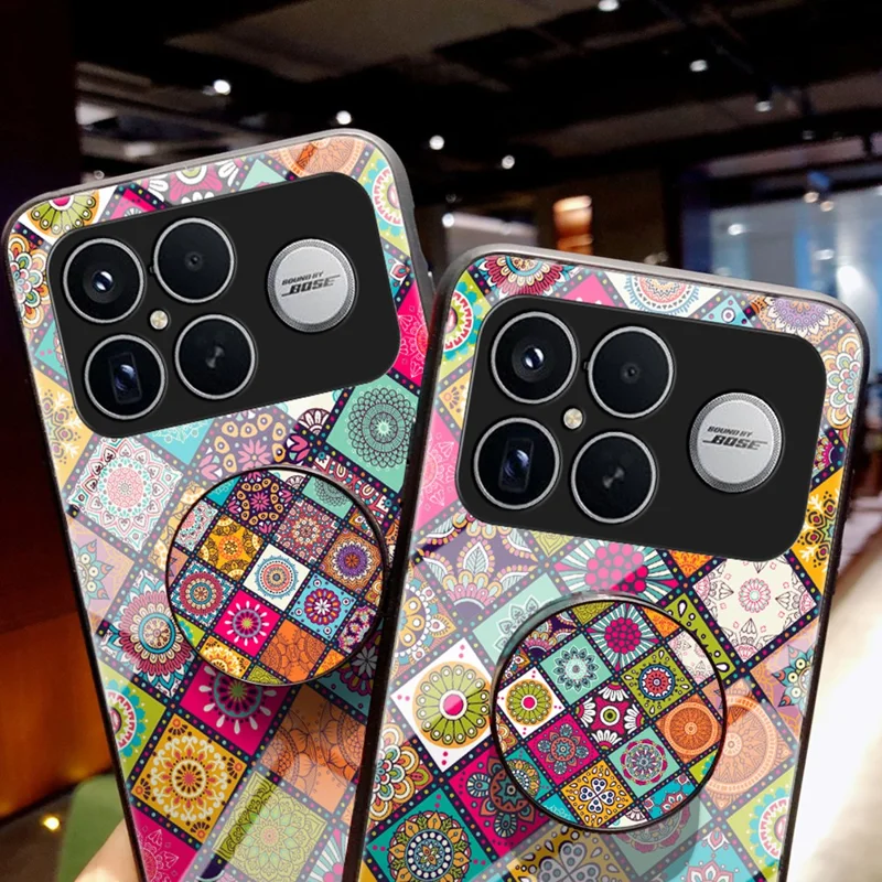 Phone Case For Xiaomi Poco F8 Ultra  /  Redmi K90 Pro Max 5G Kickstand Ethnic Pattern Tempered Glass Phone Cover with Strap - Checkered Pattern