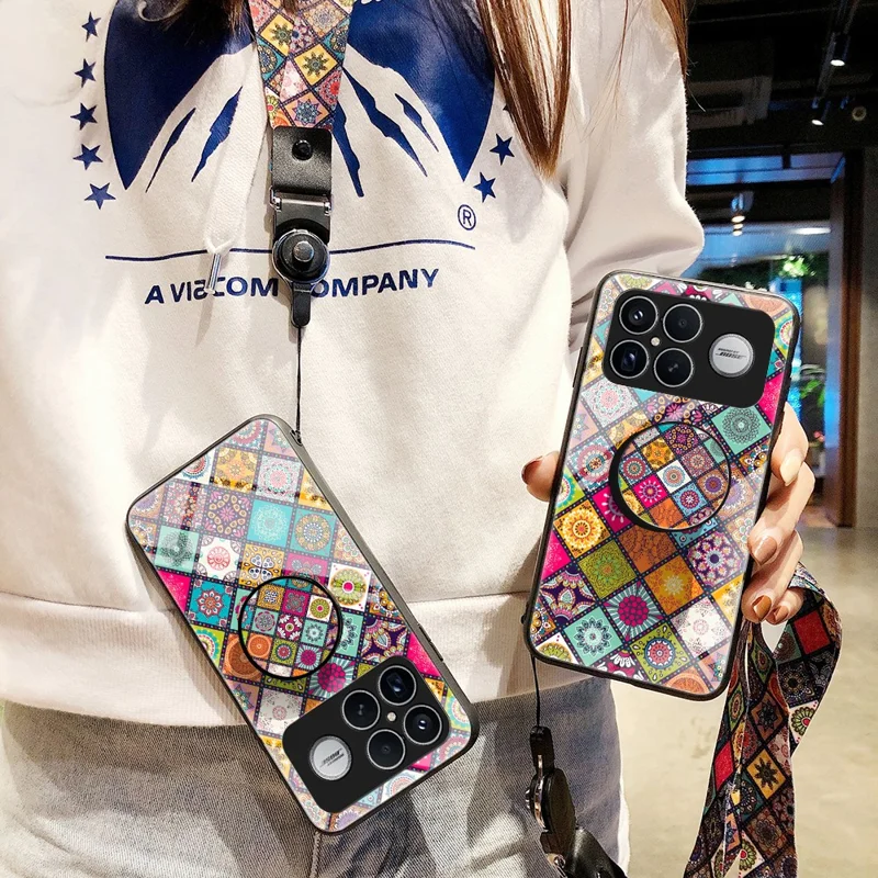 Phone Case For Xiaomi Poco F8 Ultra  /  Redmi K90 Pro Max 5G Kickstand Ethnic Pattern Tempered Glass Phone Cover with Strap - Checkered Pattern