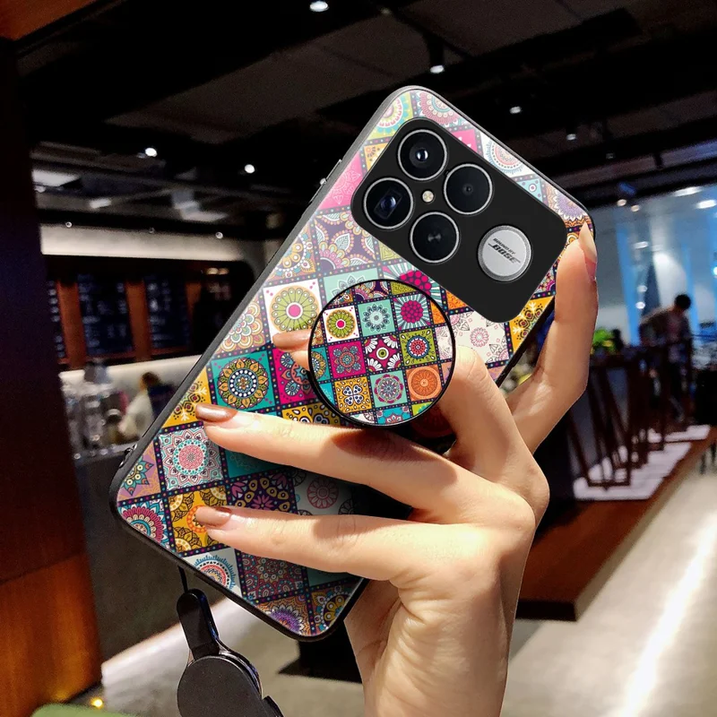 Phone Case For Xiaomi Poco F8 Ultra  /  Redmi K90 Pro Max 5G Kickstand Ethnic Pattern Tempered Glass Phone Cover with Strap - Checkered Pattern