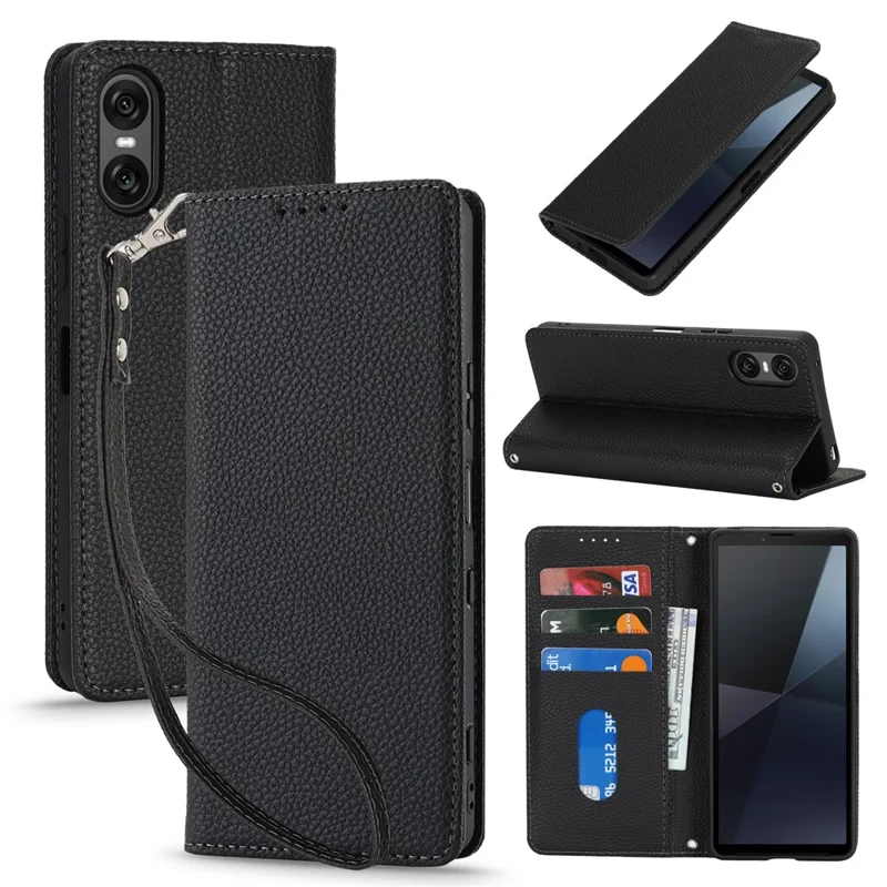 For Sony Xperia 10 VI Case Stand Wallet Litchi Texture Leather Flip Phone Cover with Strap - Black