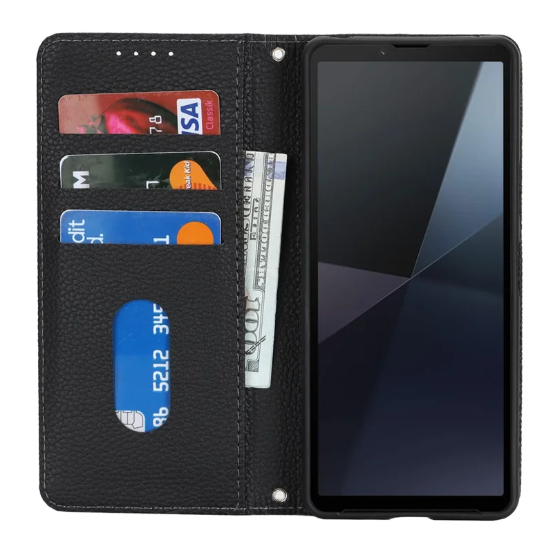 For Sony Xperia 10 VI Case Stand Wallet Litchi Texture Leather Flip Phone Cover with Strap - Black