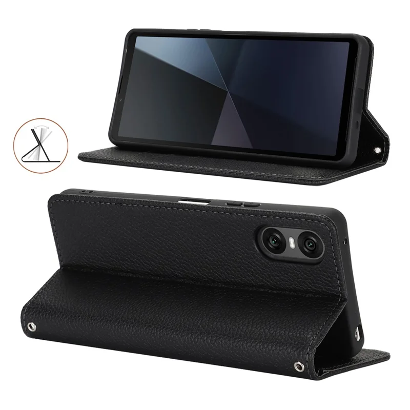 For Sony Xperia 10 VI Case Stand Wallet Litchi Texture Leather Flip Phone Cover with Strap - Black
