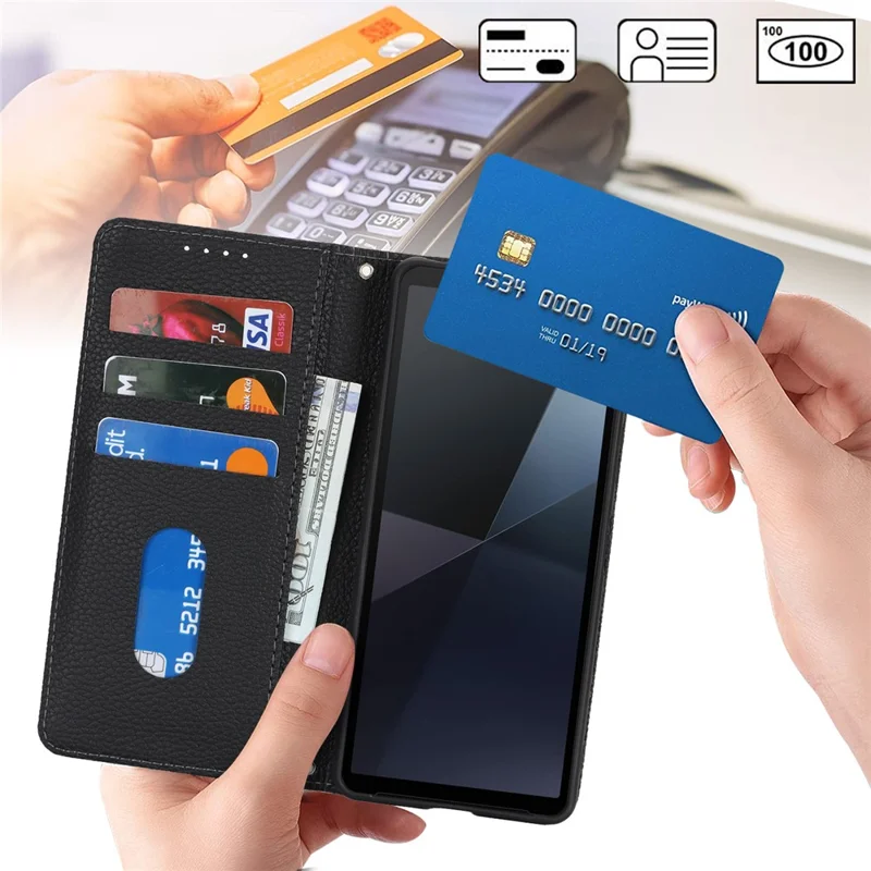 For Sony Xperia 10 VI Case Stand Wallet Litchi Texture Leather Flip Phone Cover with Strap - Black