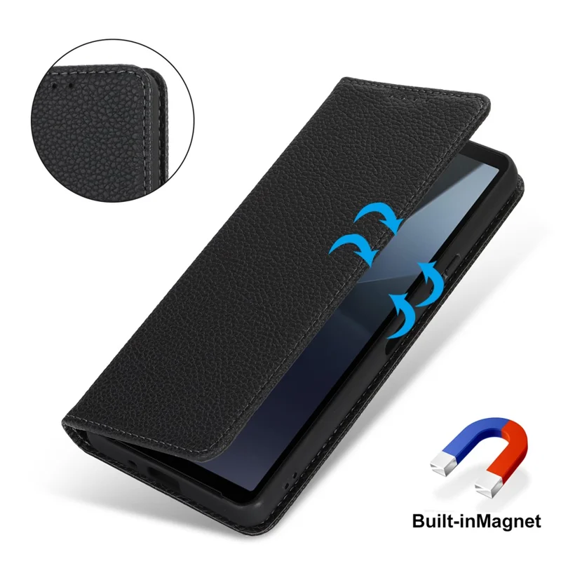 For Sony Xperia 10 VI Case Stand Wallet Litchi Texture Leather Flip Phone Cover with Strap - Black