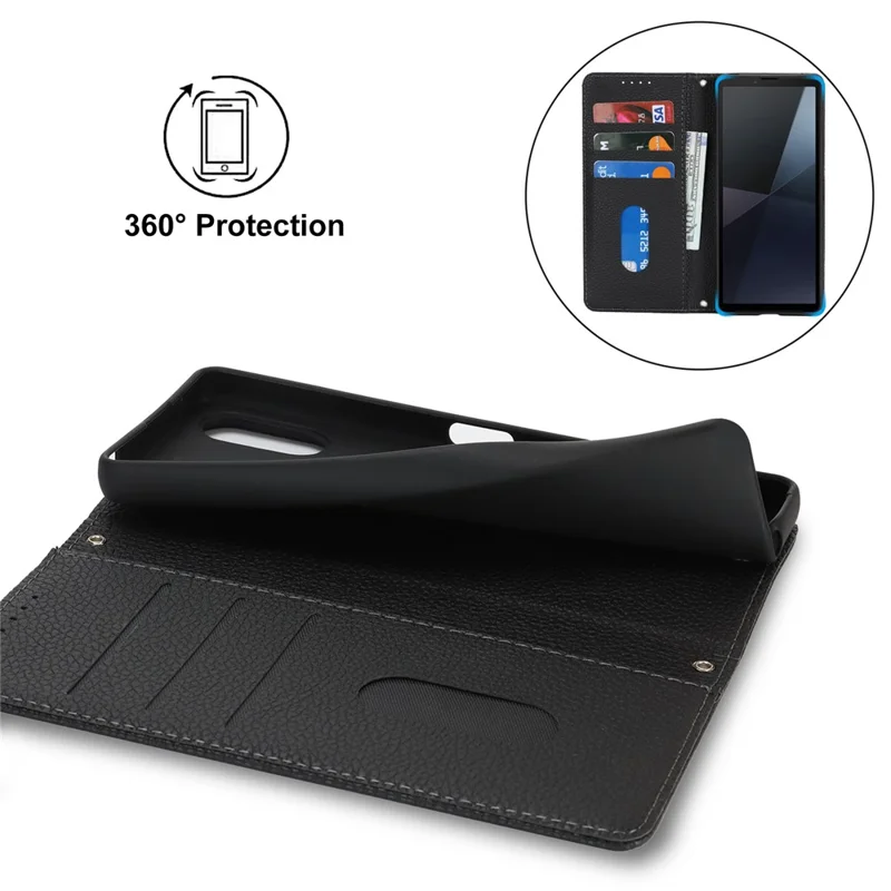 For Sony Xperia 10 VI Case Stand Wallet Litchi Texture Leather Flip Phone Cover with Strap - Black