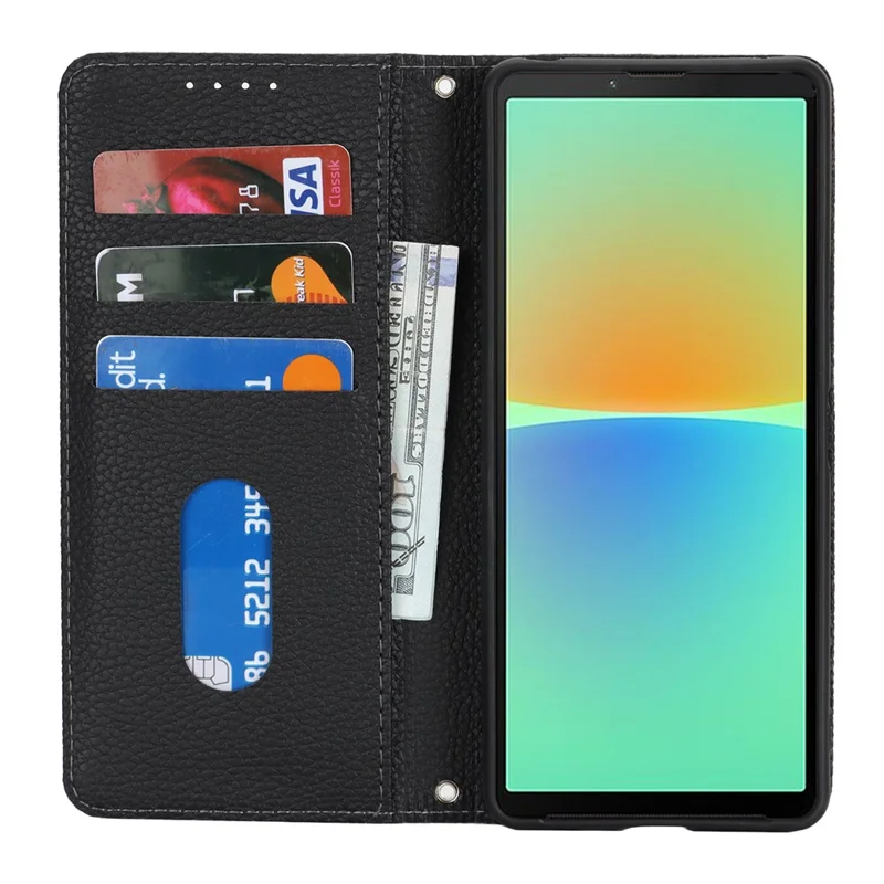 For Sony Xperia 10 IV 5G Case Stand Wallet Litchi Texture Leather Flip Phone Cover with Strap - Black