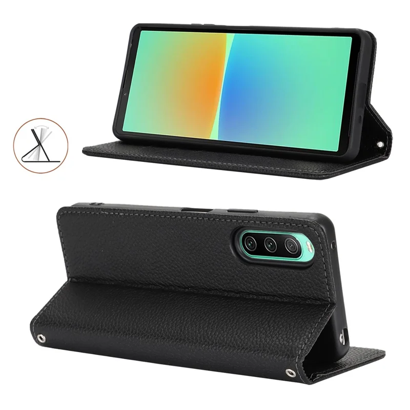 For Sony Xperia 10 IV 5G Case Stand Wallet Litchi Texture Leather Flip Phone Cover with Strap - Black