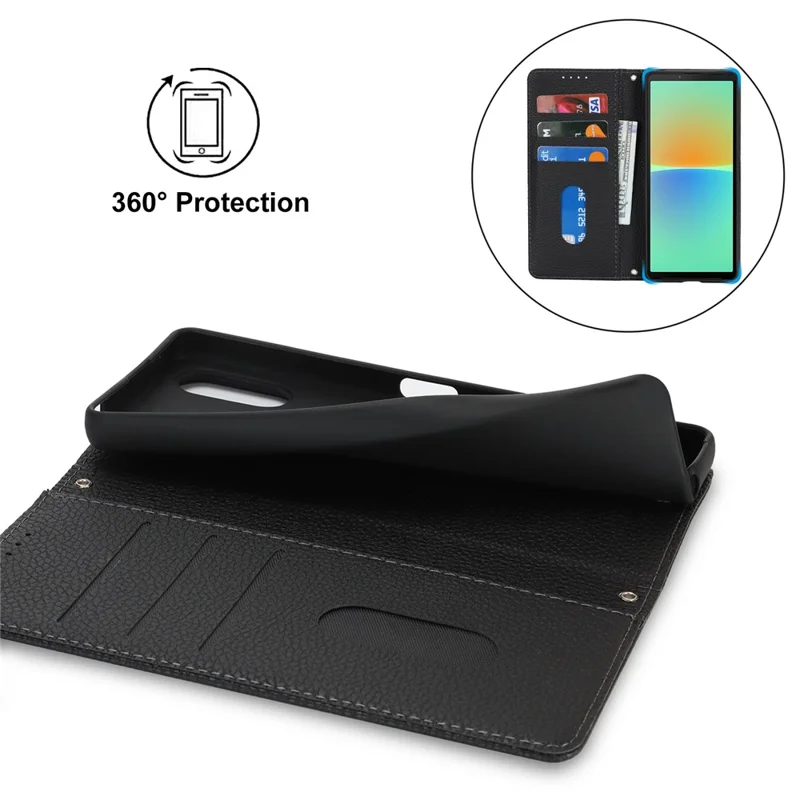 For Sony Xperia 10 IV 5G Case Stand Wallet Litchi Texture Leather Flip Phone Cover with Strap - Black