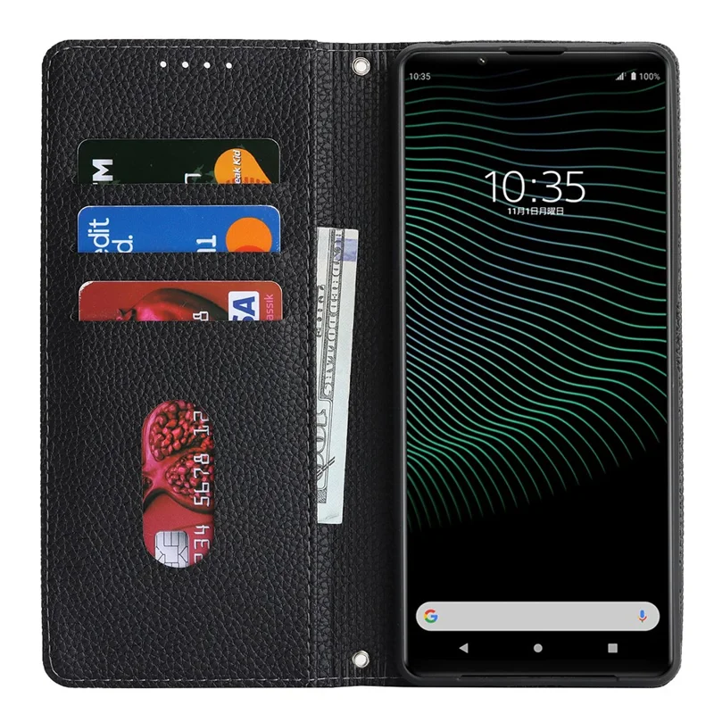 For Sony Xperia 1 IV 5G Case Stand Wallet Litchi Texture Leather Flip Phone Cover with Strap - Black