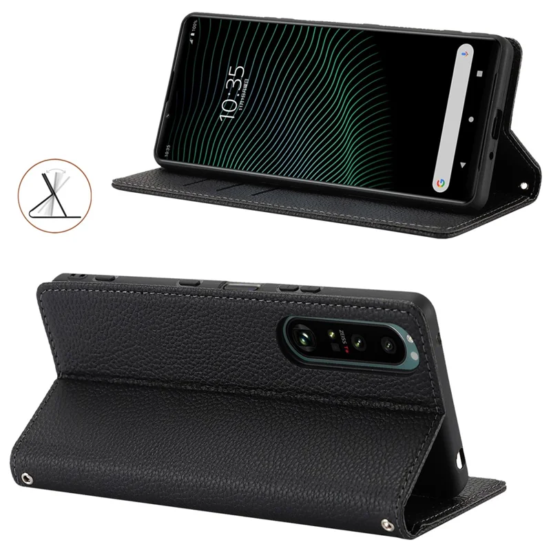 For Sony Xperia 1 IV 5G Case Stand Wallet Litchi Texture Leather Flip Phone Cover with Strap - Black