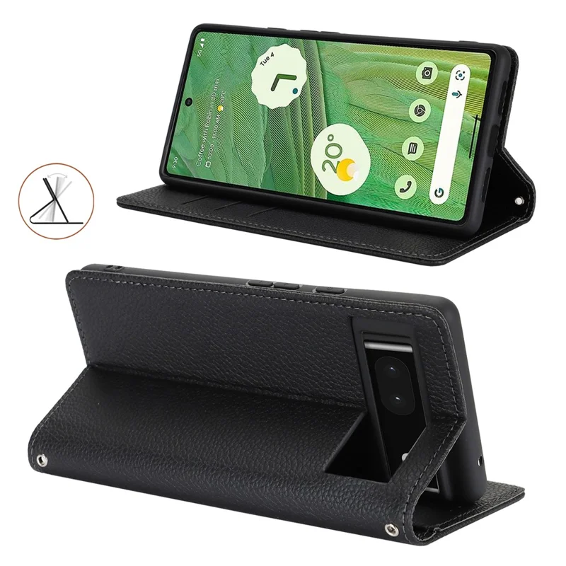 For Google Pixel 7 5G Case Stand Wallet Litchi Texture Leather Flip Phone Cover with Strap - Black
