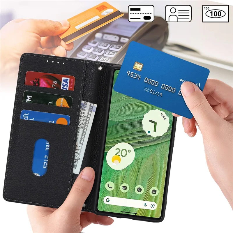For Google Pixel 7 5G Case Stand Wallet Litchi Texture Leather Flip Phone Cover with Strap - Black