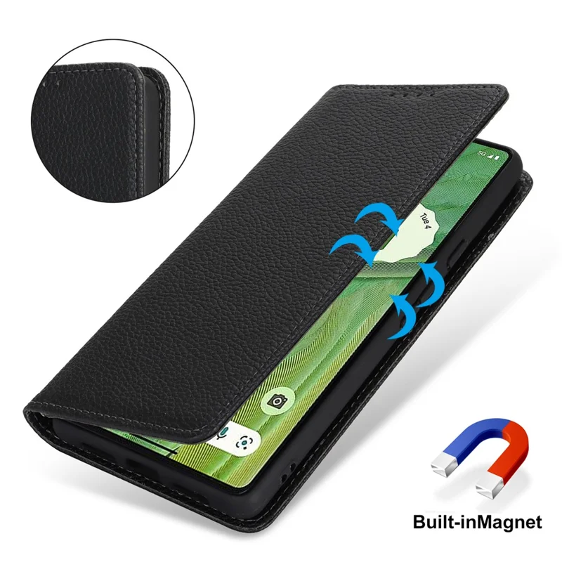For Google Pixel 7 5G Case Stand Wallet Litchi Texture Leather Flip Phone Cover with Strap - Black