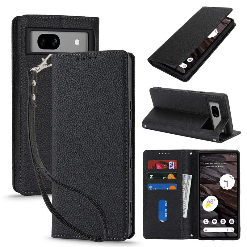 For Google Pixel 7a Case Stand Wallet Litchi Texture Leather Flip Phone Cover with Strap - Black