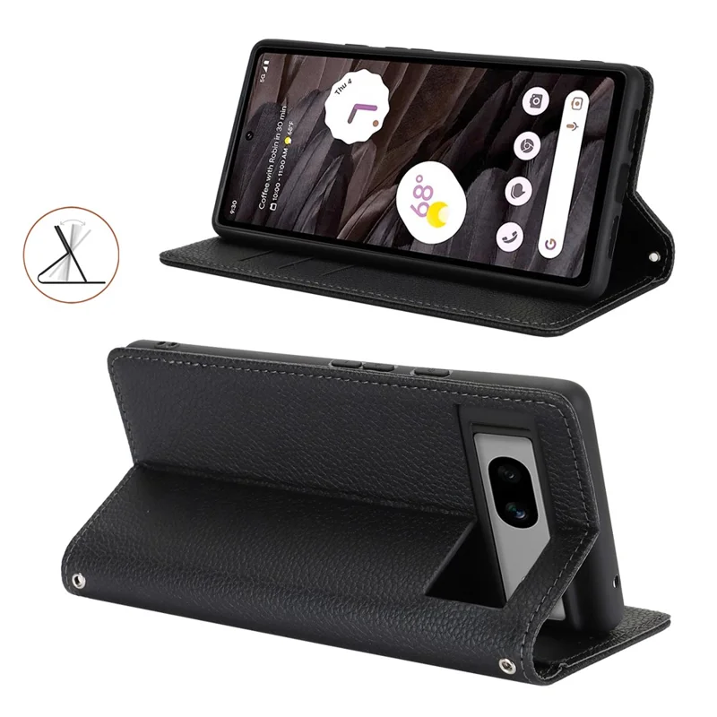 For Google Pixel 7a Case Stand Wallet Litchi Texture Leather Flip Phone Cover with Strap - Black