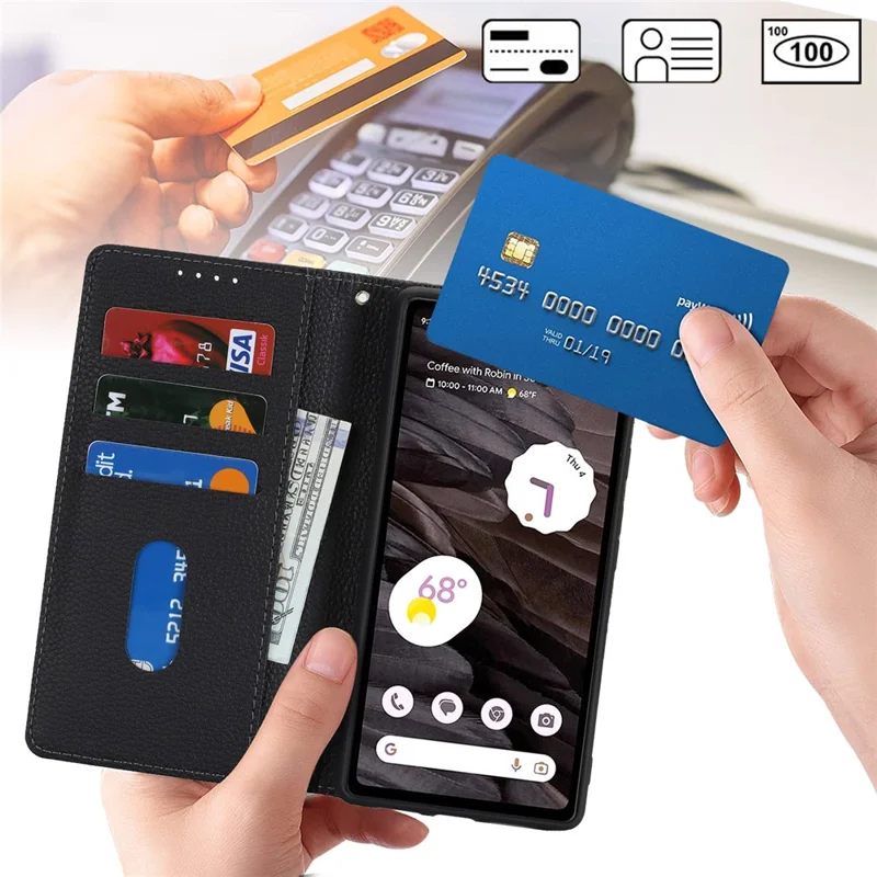 For Google Pixel 7a Case Stand Wallet Litchi Texture Leather Flip Phone Cover with Strap - Black