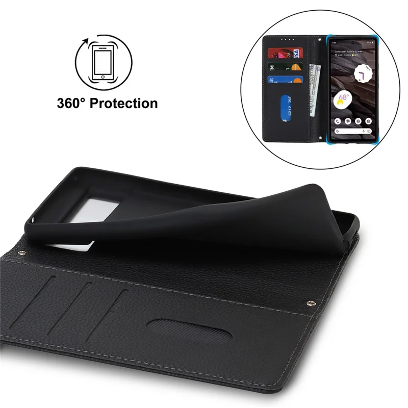For Google Pixel 7a Case Stand Wallet Litchi Texture Leather Flip Phone Cover with Strap - Black
