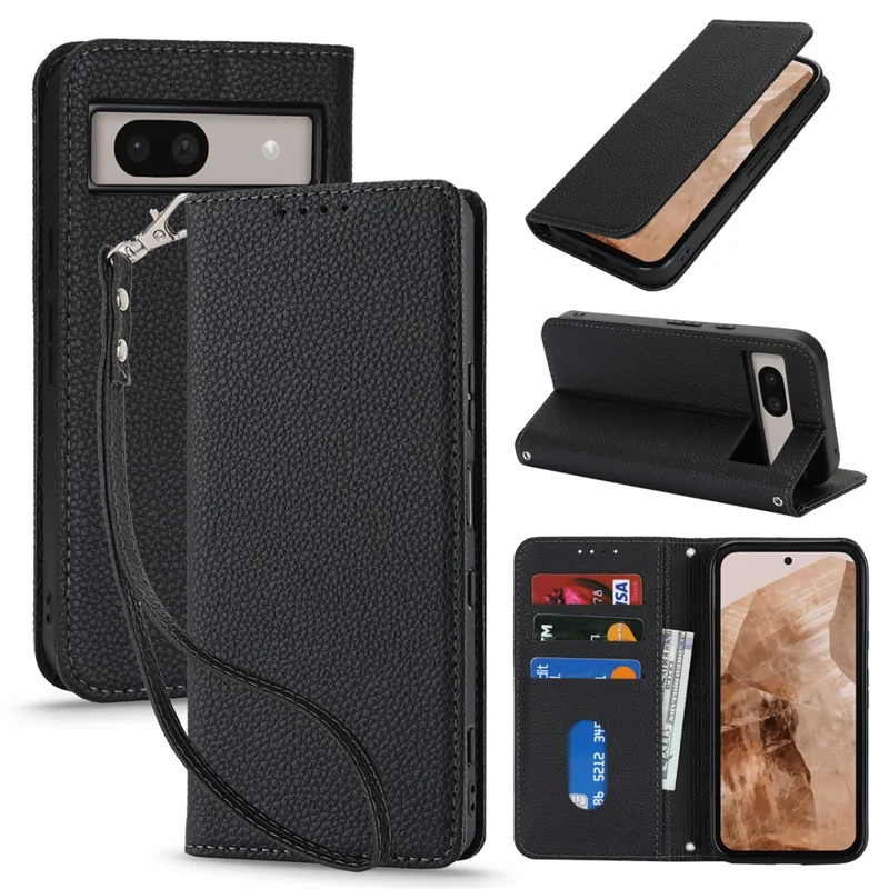 For Google Pixel 8a Case Stand Wallet Litchi Texture Leather Flip Phone Cover with Strap - Black