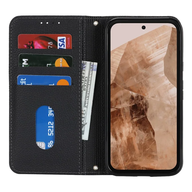 For Google Pixel 8a Case Stand Wallet Litchi Texture Leather Flip Phone Cover with Strap - Black