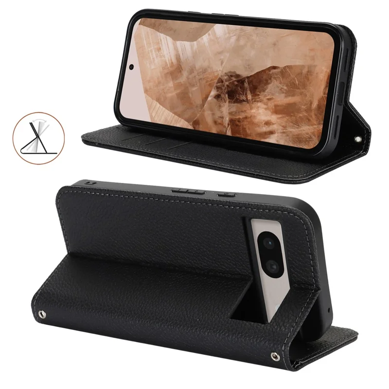 For Google Pixel 8a Case Stand Wallet Litchi Texture Leather Flip Phone Cover with Strap - Black