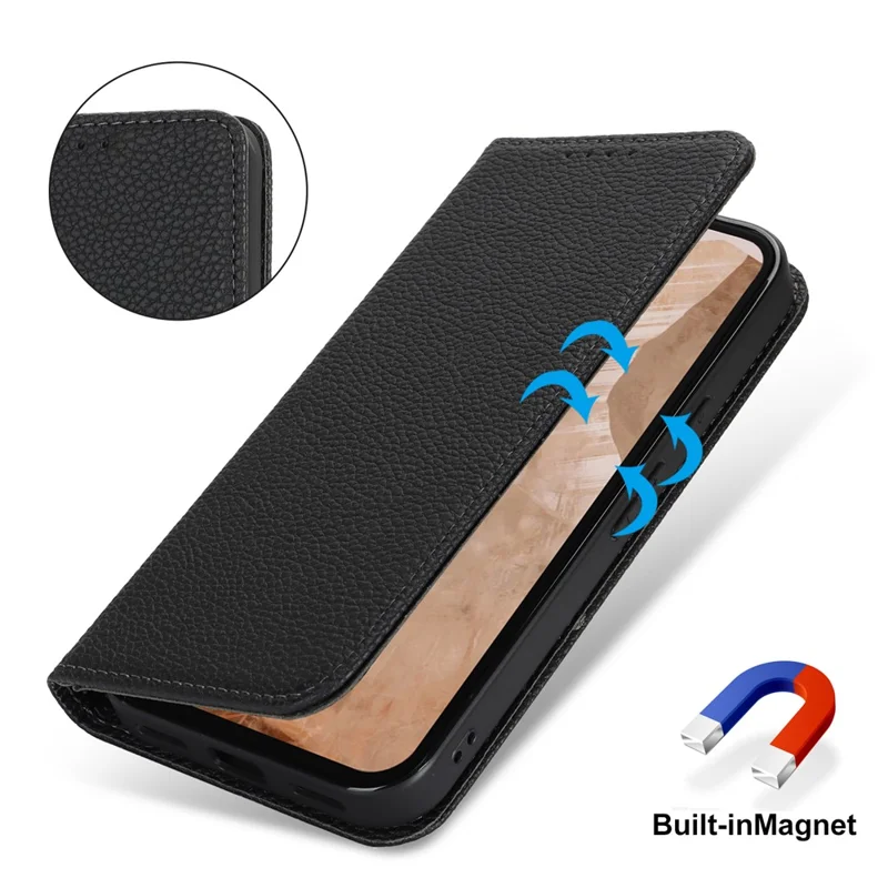For Google Pixel 8a Case Stand Wallet Litchi Texture Leather Flip Phone Cover with Strap - Black
