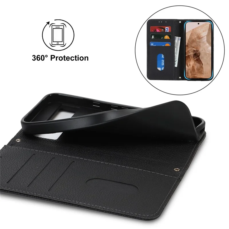 For Google Pixel 8a Case Stand Wallet Litchi Texture Leather Flip Phone Cover with Strap - Black