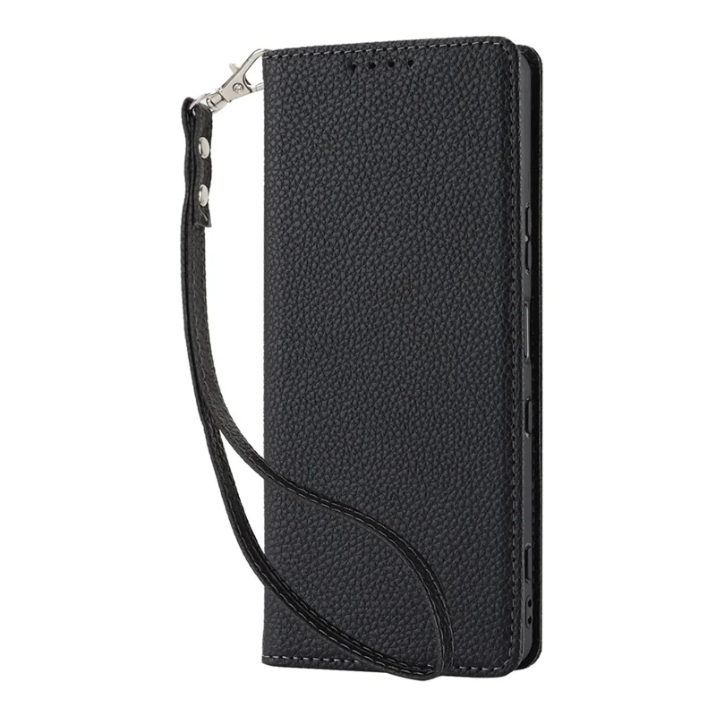 For Google Pixel 8a Case Stand Wallet Litchi Texture Leather Flip Phone Cover with Strap - Black