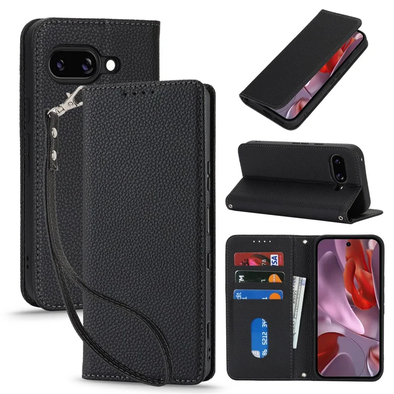 For Google Pixel 9a Case Stand Wallet Litchi Texture Leather Flip Phone Cover with Strap - Black