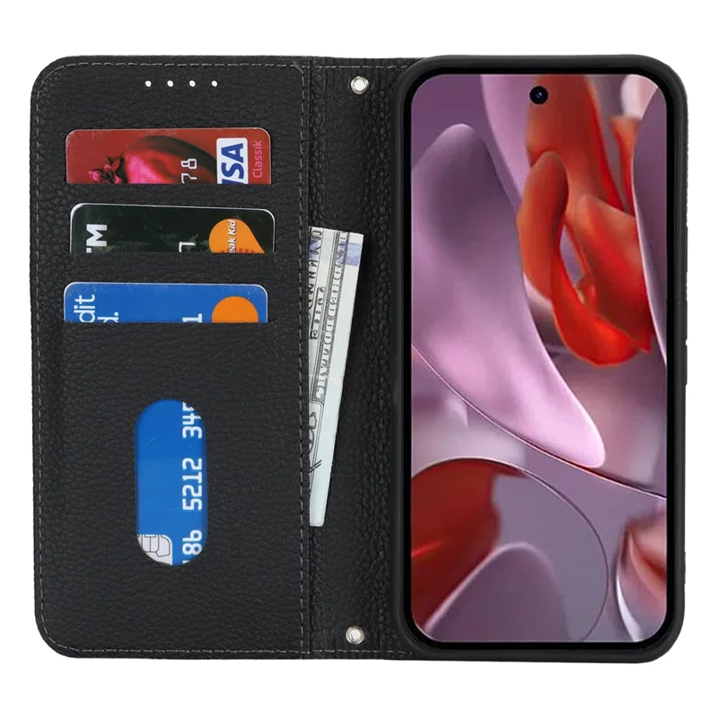 For Google Pixel 9a Case Stand Wallet Litchi Texture Leather Flip Phone Cover with Strap - Black