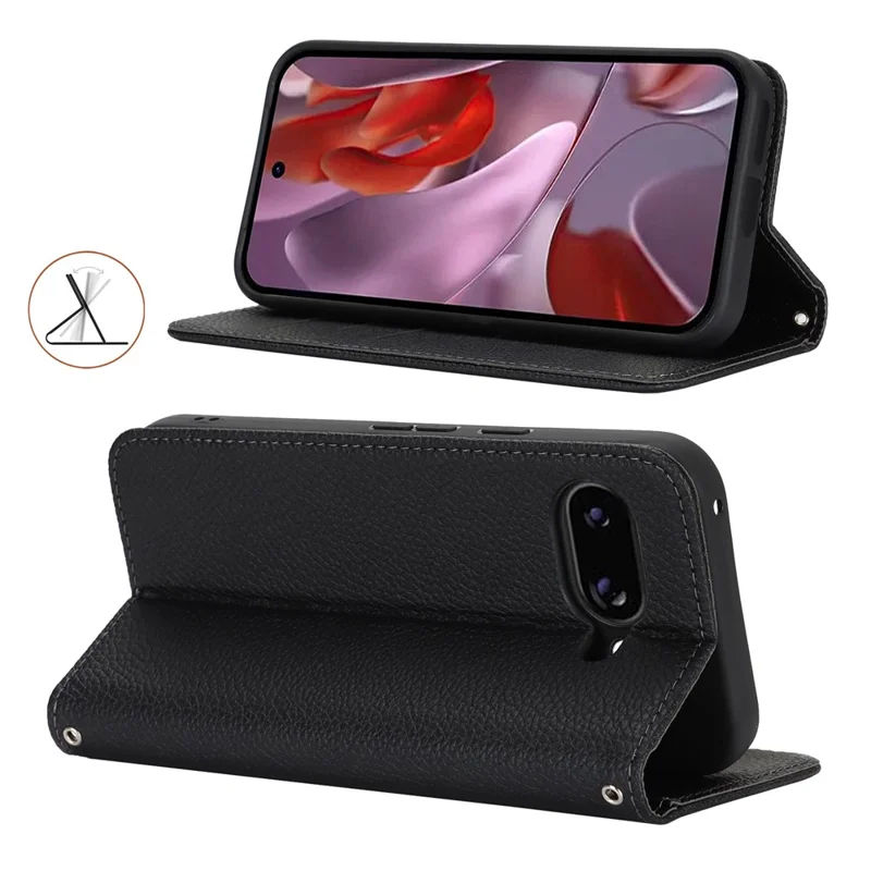 For Google Pixel 9a Case Stand Wallet Litchi Texture Leather Flip Phone Cover with Strap - Black