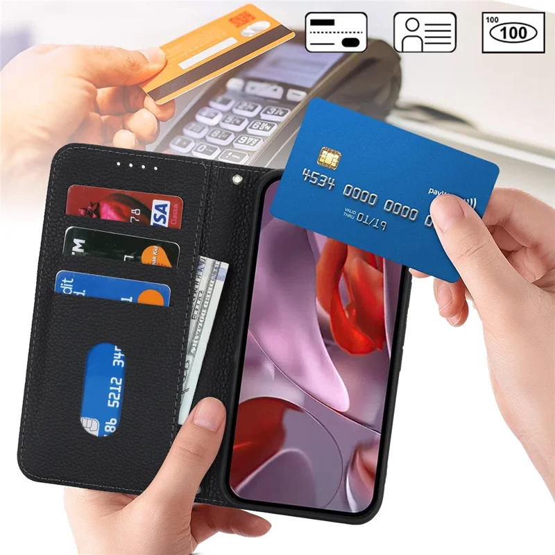 For Google Pixel 9a Case Stand Wallet Litchi Texture Leather Flip Phone Cover with Strap - Black