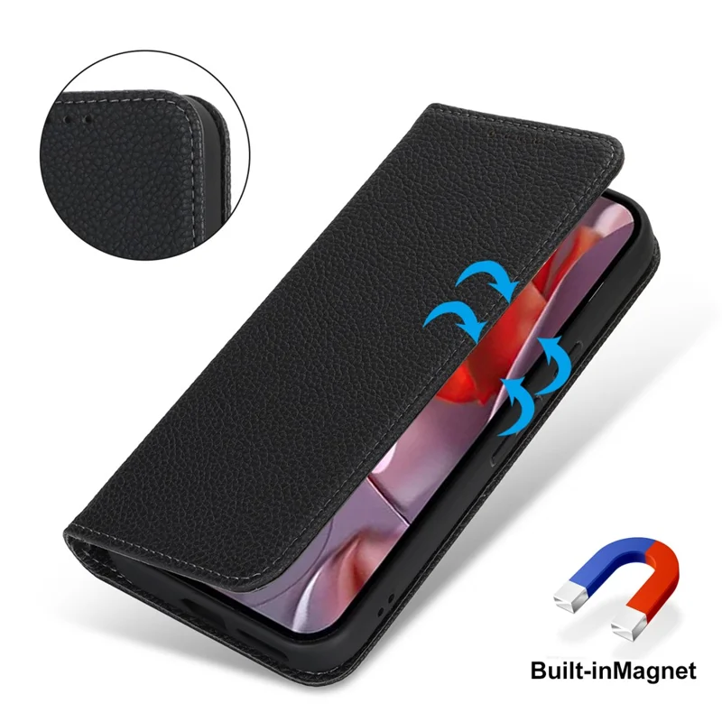For Google Pixel 9a Case Stand Wallet Litchi Texture Leather Flip Phone Cover with Strap - Black