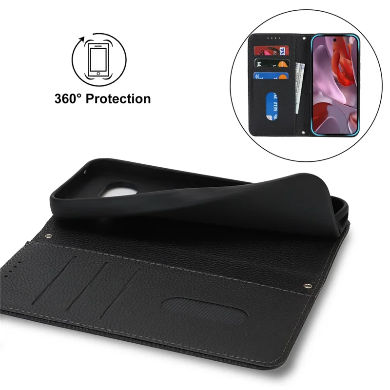 For Google Pixel 9a Case Stand Wallet Litchi Texture Leather Flip Phone Cover with Strap - Black